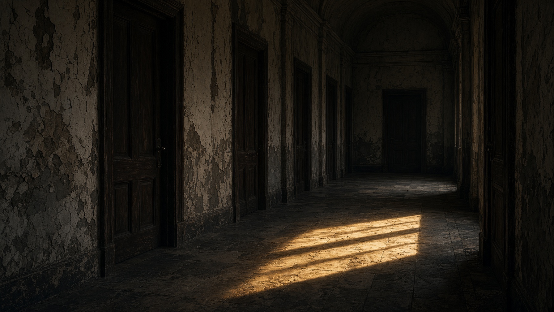 Placeholder photograph [IMAGE]: an empty hallway with a shaft of gold light