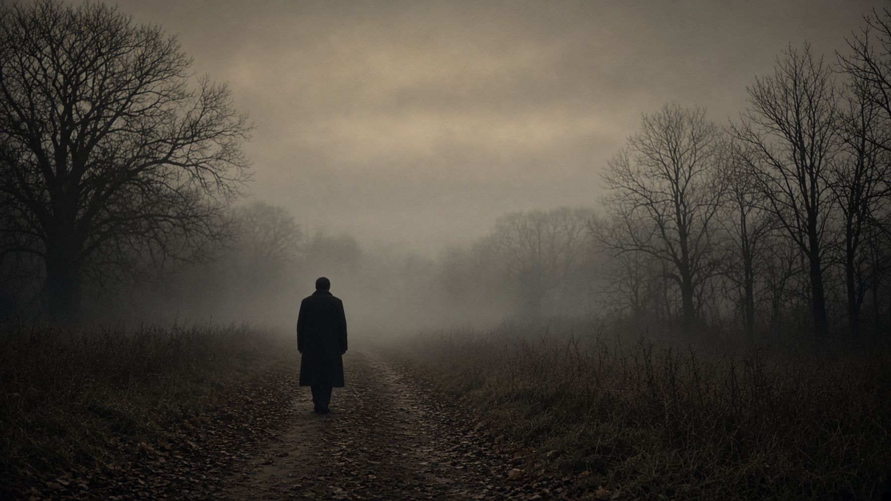 Placeholder photograph [IMAGE]: a figure walking a fog-wrapped path at dusk