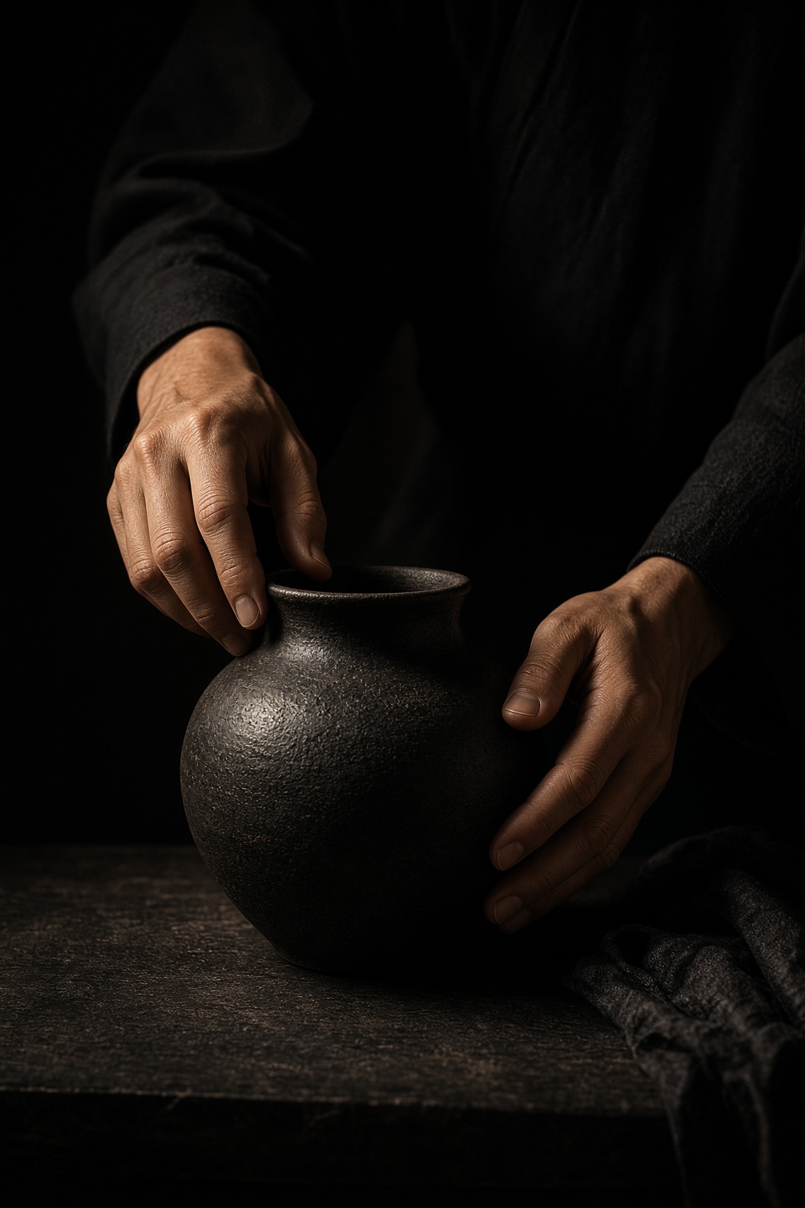 Placeholder photograph [IMAGE]: hands arranging a dark ceramic vessel